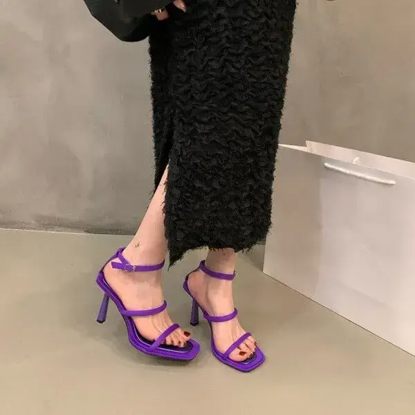 Barabeth Women Fashion Sexy Simple Strap Square Toe Heeled Sandals