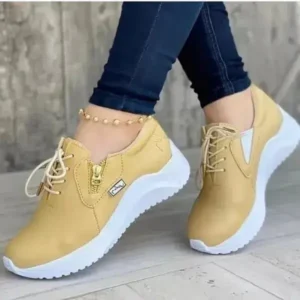 Barabeth Women Casual Round Toe Low Cut Lace-Up PU Side Zipper Design Solid Color Sneakers