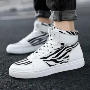 Barabeth Men'S Fashion Zebra Print Breathable Canvas High Top Sneakers